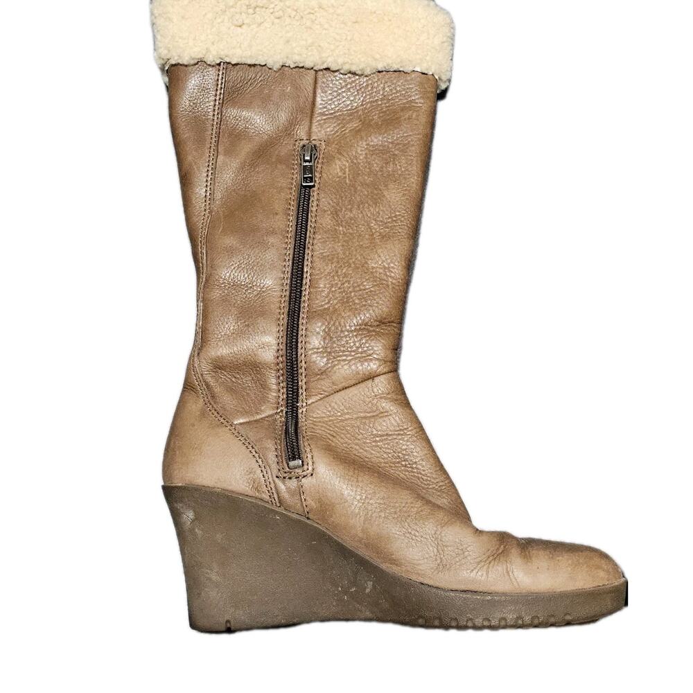 Ugg Boots Womens 7 Brown Leather Wedge Sheepskin Mid Calf Platform Boots - Picture 6 of 10